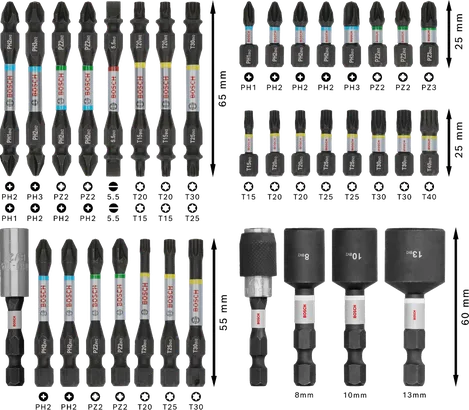 Conjunto de 36 pontas de chave de fenda de impacto Bosch PRO, codificadas por cores.